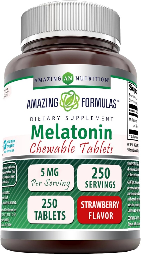 Amazing Formulas Melatonin Chewable Supplement | 5 Mg Per | 250 Tablet | Non-GMO | Gluten-Free | Made in USA (Strawberry Flavor)