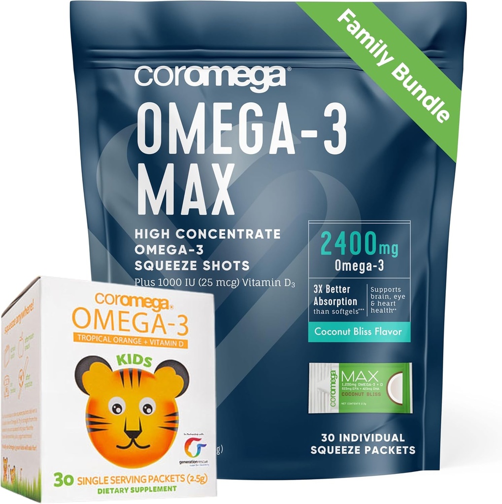 Coromega Family Bundle – Ωμέγα-3 Fish Oil for Adults & Kids (60 Squeeze Packets) 2400mg/650mg Ωμέγα-3 + Βιταμίνη D, 3X Περισσότερα Απορρόφηση από Χάπια, Χωρίς Ψάρια Επίγευση, Καρύδα Bliss & Τροπικό Πορτοκάλι