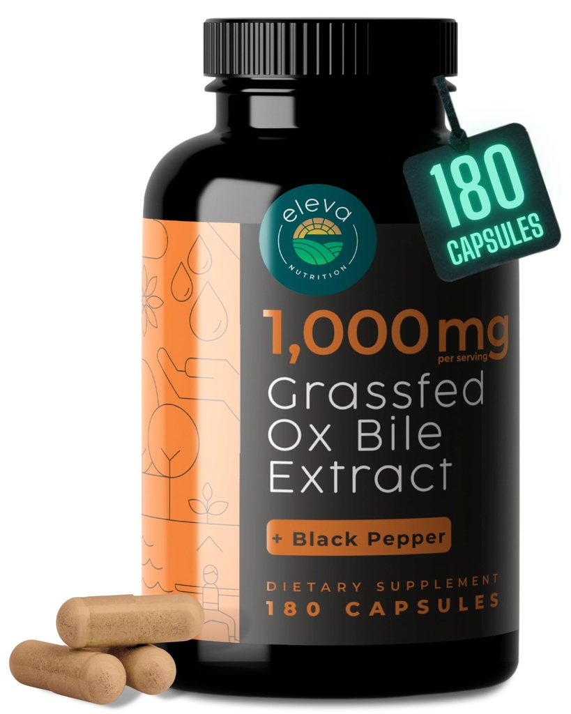 Grass-Fed Ox Bile Extract 1000 mg Bile Salts Supplements with Black Pepper. Digestive Health - 180 Count