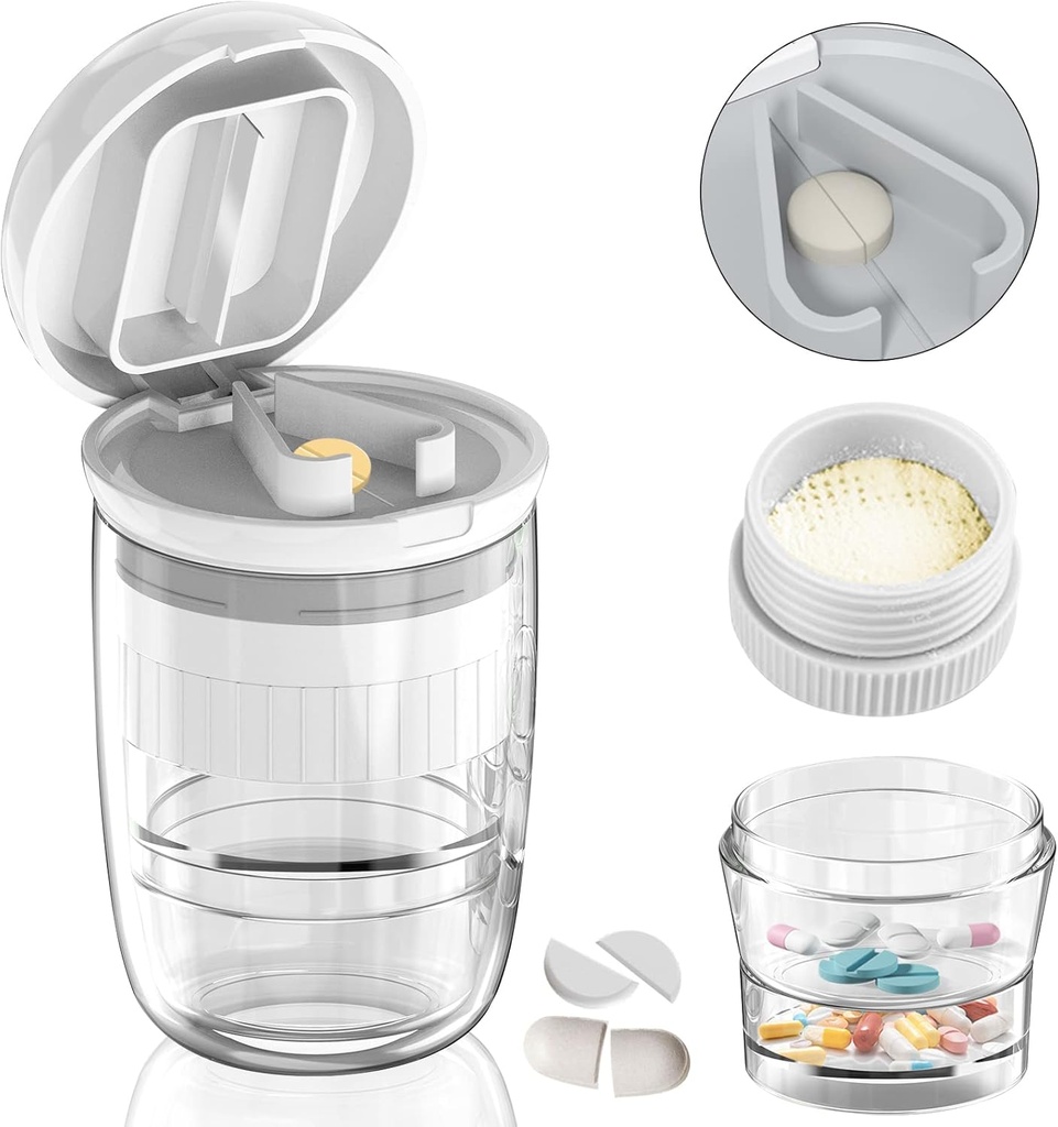 White-1 Pill Splitter και κόπτης, Συντρίβει δισκία, βιταμίνες, ανοξείδωτο ατσάλι λεπίδα, Αποσπώμενο κύπελλο ποτών