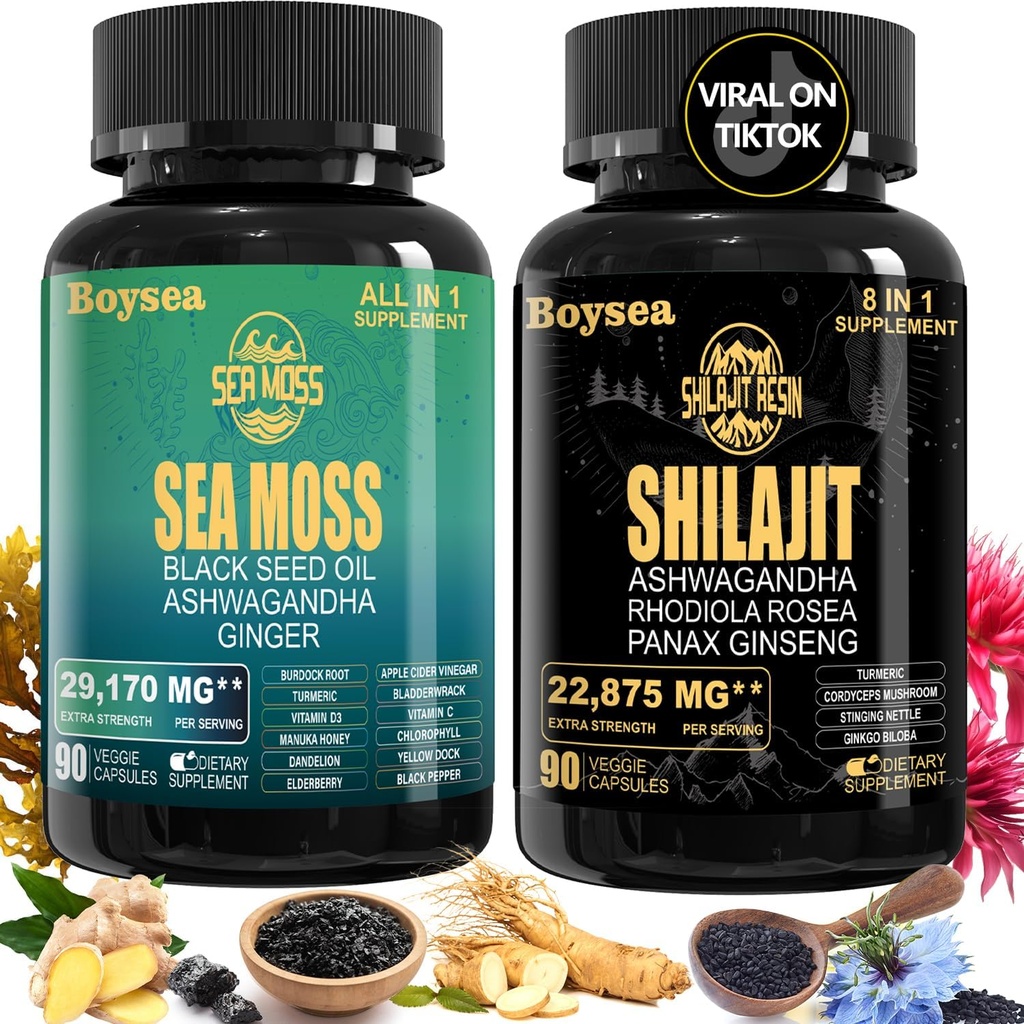 Boysea. Shilajit ve Sea Moss Sche - Sea Moss (7000 mg), Ashwagandha (2000 mg), Black Seed Oil (4000 mg), Ginger & Shilajit (9000 mg), Rhodiola Rosea (1000 mg) – 90 Count (1 Pack)