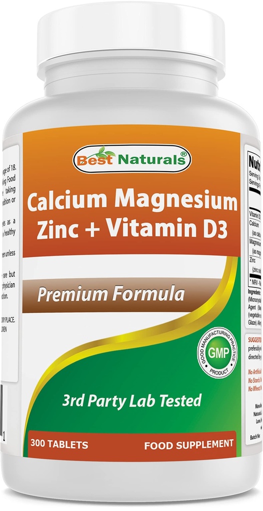 Best Naturals Ασβέστιο Μαγνήσιο Ψευδάργυρος με βιταμίνη D3, 300 δισκία - Ασβέστιο 1000 mg, Μαγνήσιο 400 mg, Ψευδάργυρος 25 mg & D3 600 IU ανά Σερβίρισμα (3 δισκία)