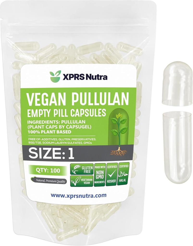 XPRS Nutra Boyutu 1 Pullulan Boş Kapsüller - 100 Kont Clean Label Plantcaps Clear Boş Vegan Capsules - Premium Vegetarian Pills - Do-It- Yourself Sebze Capsule
