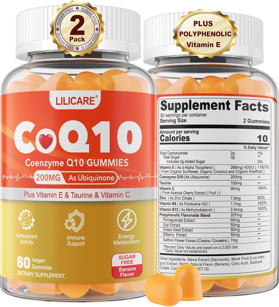 Sugar-Free CoQ10 200 mg Gummies - Coenzyme Q10 w/Taurine, Vitamin E, C, B6, B12, çinko - Yüksek Abase CoQ10 Antioksit için Tamam, Hücre Enerji ve Duyma Sağlığı, Vegan 120 C