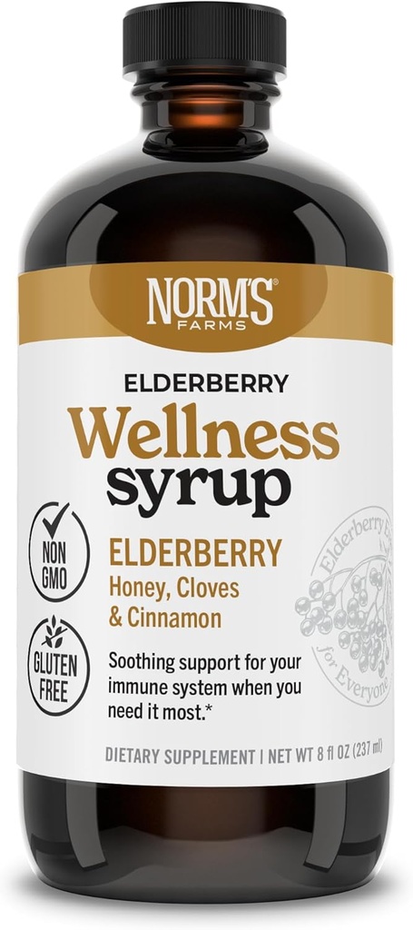 Norm's Farms Wellness Black Elder Syrup with Honey, Cinnamon & Cloves - ABD'de Made in USA, Natural Immune Support, No Alkol or Fillers, Gluten-Free, Non-GMO, Vegan, Pure Elder Juice Syrup - 8 Oz