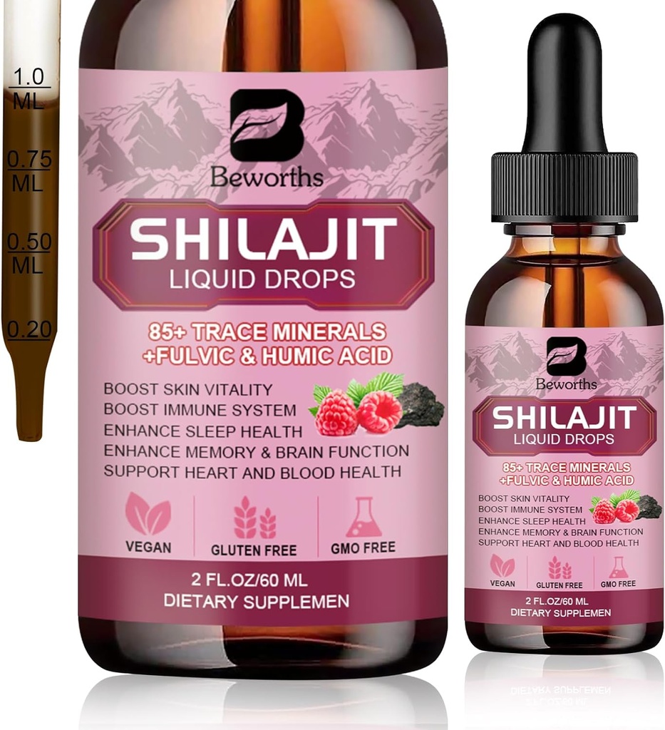 Shilajit Wear Liquid Drops | Organik Shilajit 85+ Trace Minerals Kompleksi Ashwagandha, Turmeric, Ginseng, Chaga Supplement for Digestion Support, Energy Branson - Vegan