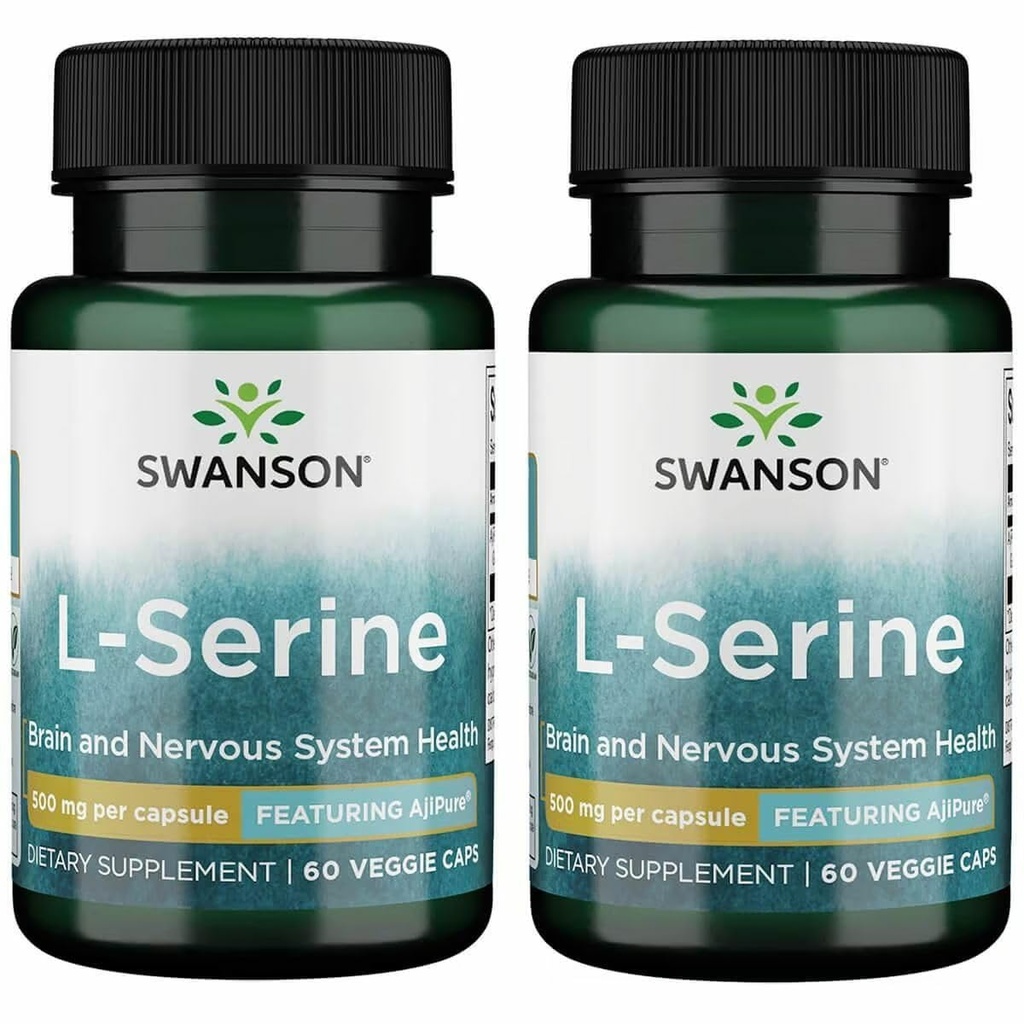 Swanson Ajipure L-Serine - Amino asit Supplement Beyin Sağlığı ve Sinir Sistemi Fonksiyonları - Doğal Formula Bilişsel Fonksiyonlar - (60 Veggie Capsules, 500 mg Her) (2 Pack)