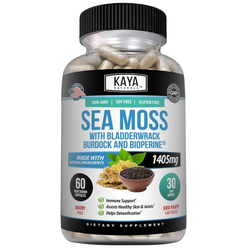 Kaya Naturals Sea Moss - Συμπλήρωμα κινητικότητας για άνδρες και γυναίκες - με Burdock Root, Irish Moss, Bladderwrack, και BioPerine - για την κινητικότητα Υγεία και ανοσοποίηση Boost, 60 Count