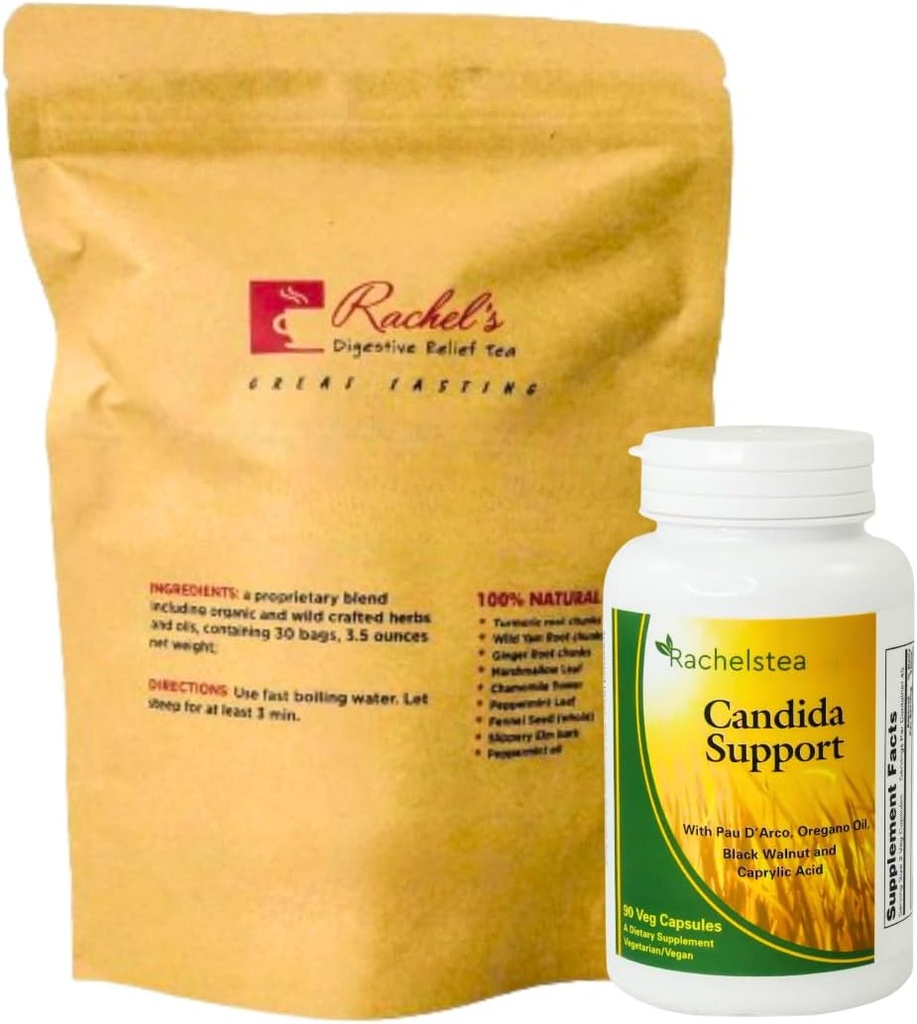 Rachel's Tea and Candida Support: 30 Day Supply Turmeric, Wild Yam, Ginger, Peppermint, Fennel, Terpery Elm + Candida Support Capsules