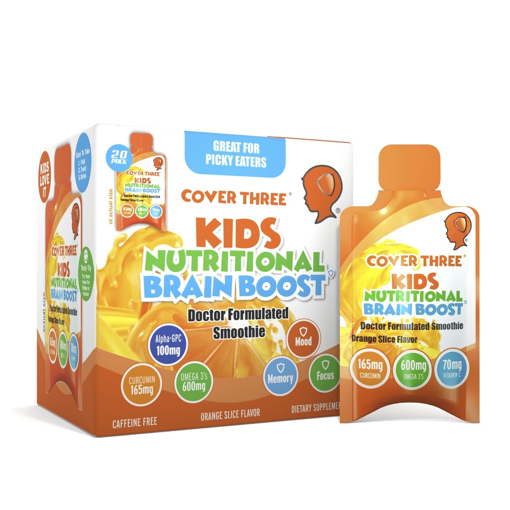 Çocuklar için Üç Supplements, Omega 3 Sıvı Çocuk DHA Balık Yağı, Çocuklar Odak ve Dikkat, Duygusal Destek, 20 Pouches, Pack 1
