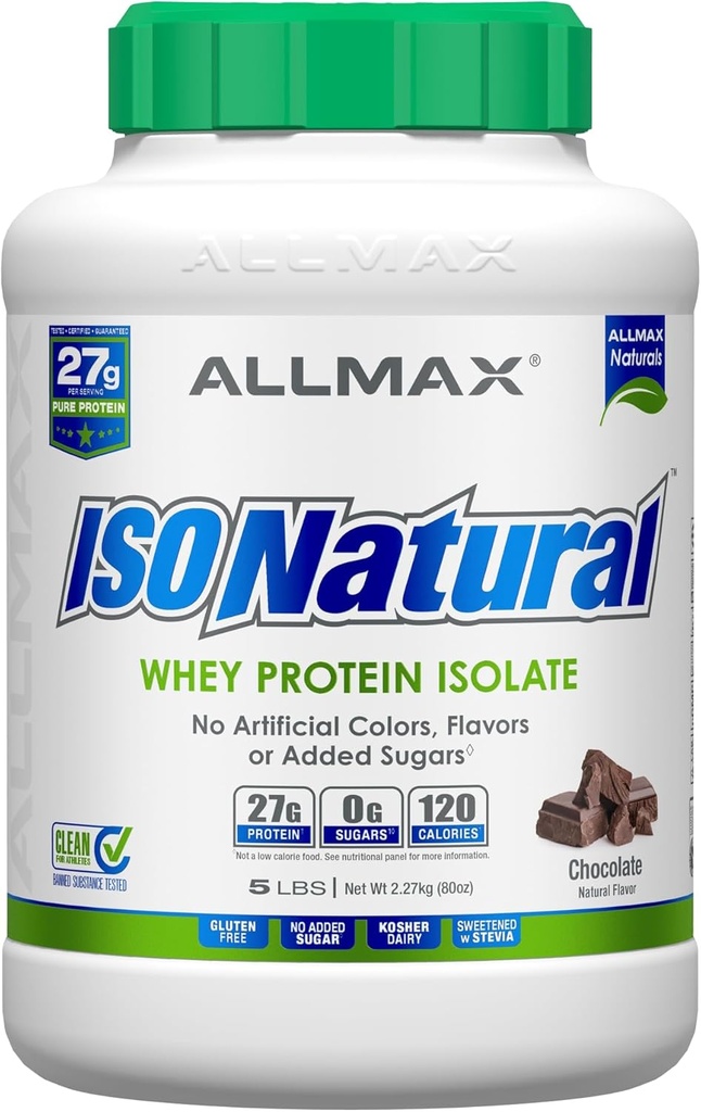 ALLMAX ISONATURAL Whey Protein Isolate, Chocolate - 5 lb - 27 Protein Per Scoop - Zero Fat & Sugar - 99 Lactose Free - Prebiyotiks - Yapay Flavors - Approx. 73 Hizmetler