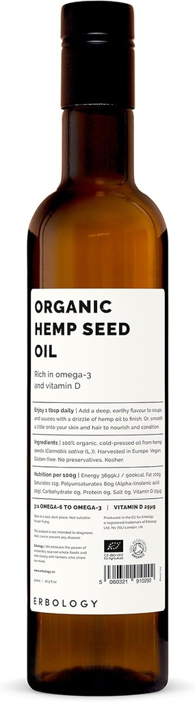 Erbology Organic Hemp Seed Oil 17 fl oz - Cold-Pressed - Omega-3'te Zengin - Çiftlik Kaynağı - Non-GMO - Hiçbir Katkı veya Preservatives - Recyclable Glass Şişe Şişe Şişe
