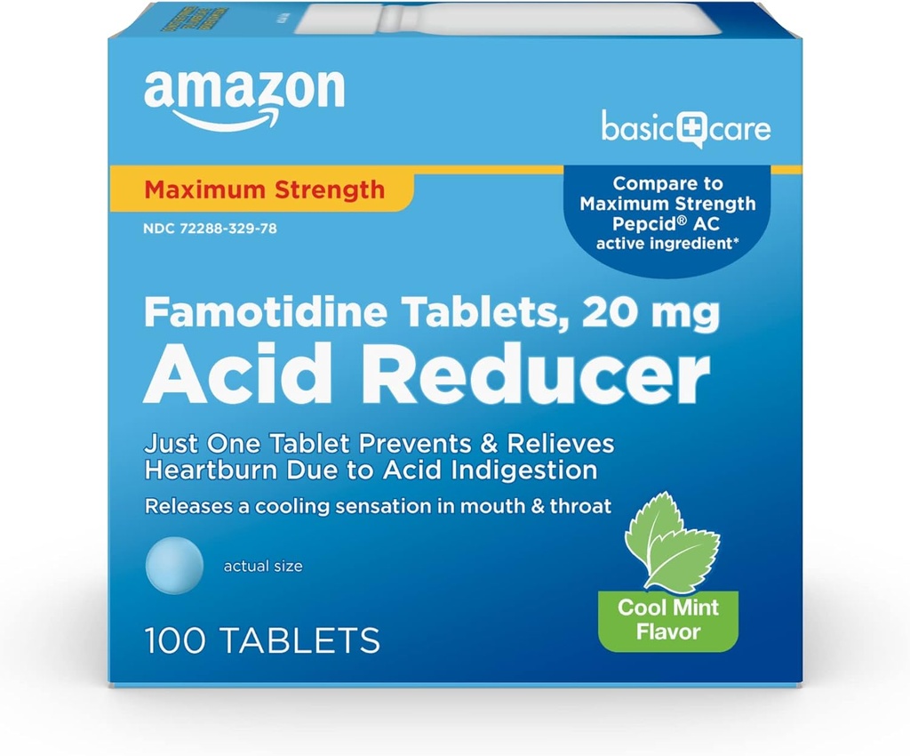 Temel Bakım Famotidine 20 mg Cool Mint Tabletleri, 100 Kont, White