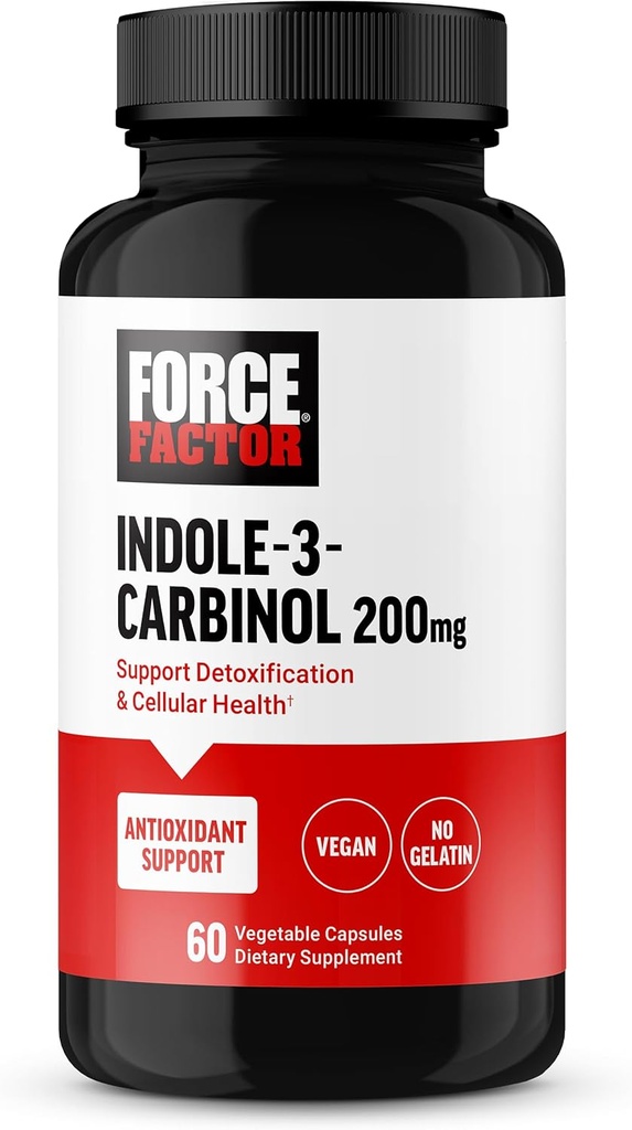 FORCE FACTOR Indole 3 Carbinol 200mg Detox και αντιοξειδωτικό συμπλήρωμα, Detox για άνδρες και γυναίκες με αντιοξειδωτικά, Κλινική Σπουδασμένη δόση, Vegan, Όχι Ζελατίνη, 60 κάψουλες