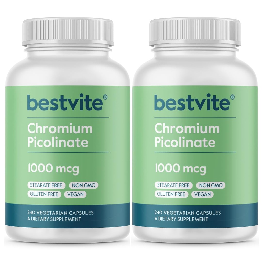 BESTVITE Chromium Picolinate 1000 Live (480 Vegetarian Capsules) (240 x 2) - Stearates - No Dicalcium Phosphate - Vegan - Gluten Free - Non-GMOMO