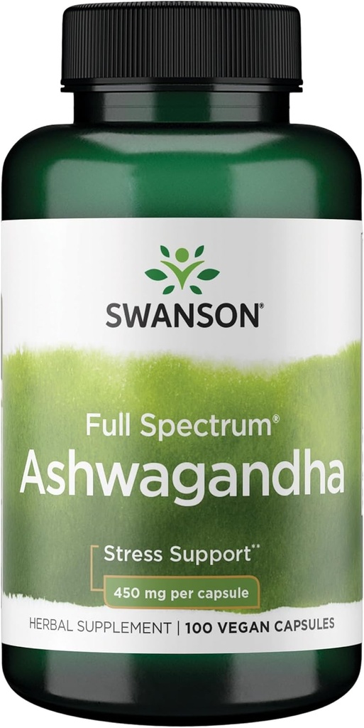 Swanson Ashwagandha Powder Supplement - Ashwagandha Root & Aerial Parts - Promotes Stress Relief & Energy - Ayurvedic Supplement for Natural Wellness (100 Capsules, 450mg Each)