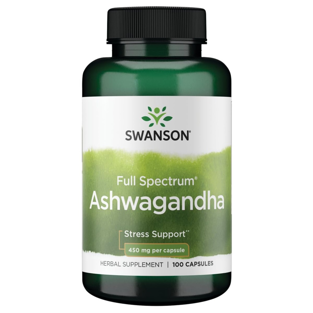 Swanson Ashwagandha Toz Supplement - Ashwagandha Root & Aerial Parçalar - Stres Yardım & Enerji - Doğal Wellness için Ayurvedic Supplement (100 Capsules, 450 mg Her)