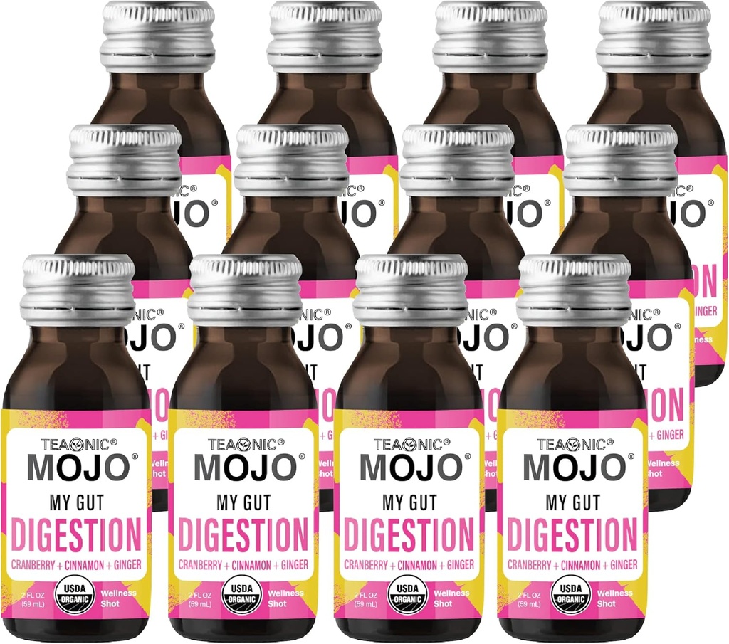 TEAONIC My Gut Mojo: Digest, Detox Drinks For Better Digestion, With Cranberry, Ginger, Cinnamon, USDA-Cerated, Sugar-Free, Caffeine-Free Drinks, 12 Şişe, Her Weighing 2 Fl Oz Digestion