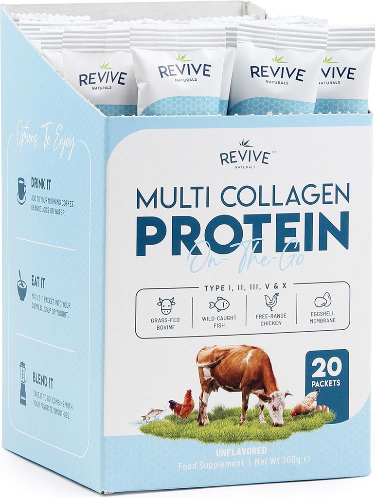 Multi Collagen Protein Toz Paketleri - Tipler I, II, III, V & X - Hydrolyzed Grass Fed Bovine, Wild Caught Fish, & Free-Range Chicken & Egg Collagen. No-GMO, Halal, (10g Her, 20 Packets)