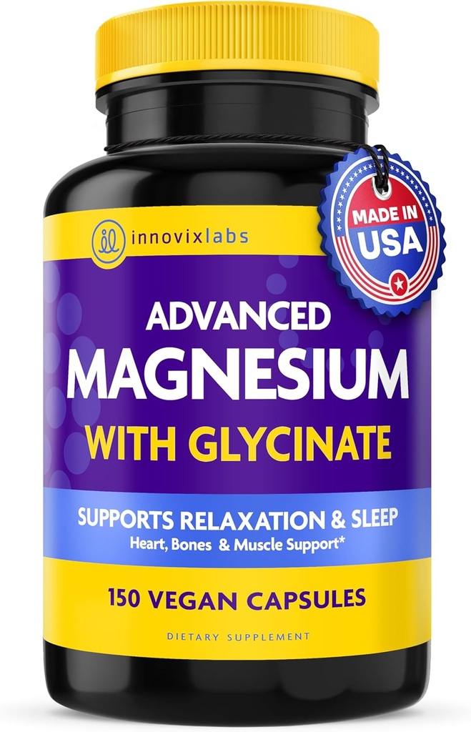 InnovixLabs Advanced Magnesium Capses - 150 Ct, 210 mg - Χηλικό Γλυκινικό και Μηλεϊνό - Υψηλή Απορρόφηση, Προάγει την Χαλάρωση, Οστά, Μυική Υγεία, Vegan Malate Συμπλήρωμα Ύπνου