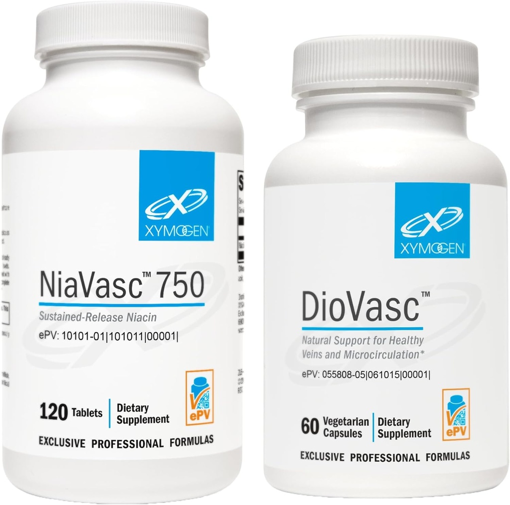 XYMOGEN NiaVasc 750 Παρατεταμένη απελευθέρωση Νιασίνη (120 δισκία) + DioVasc Υποστήριξη για Υγιείς Βδέλες + Μικροκυκλοφορία (60 κάψουλες)
