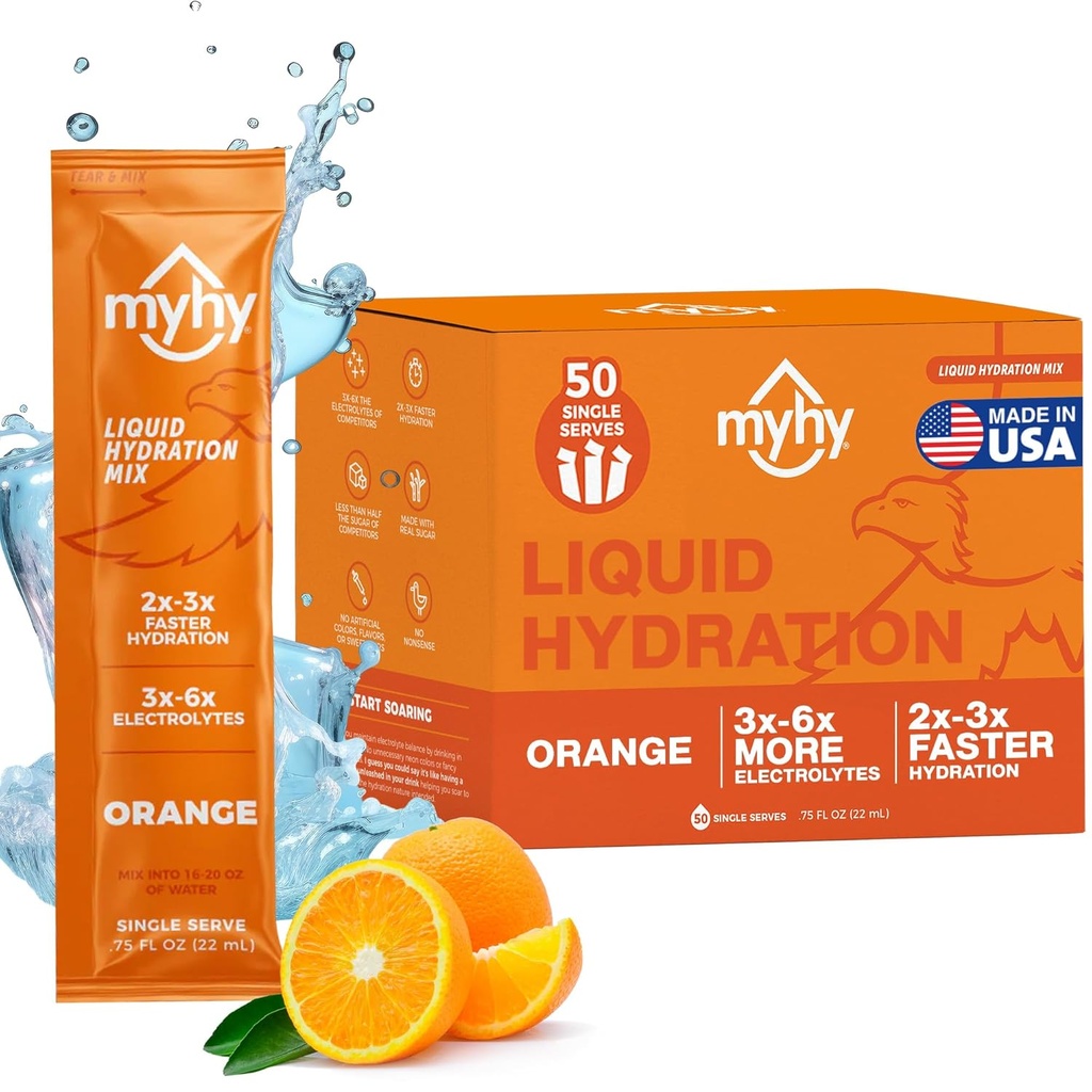 MyHy Liquid Hydration Packets, Electrolyte Drink Mix for Yetişkinler & Kids Hydration Support, Dehidrasyon Travel, Hamilelik, Fitness, Lisans ve Lisans Partisi - Orange, 50 Count Count Count