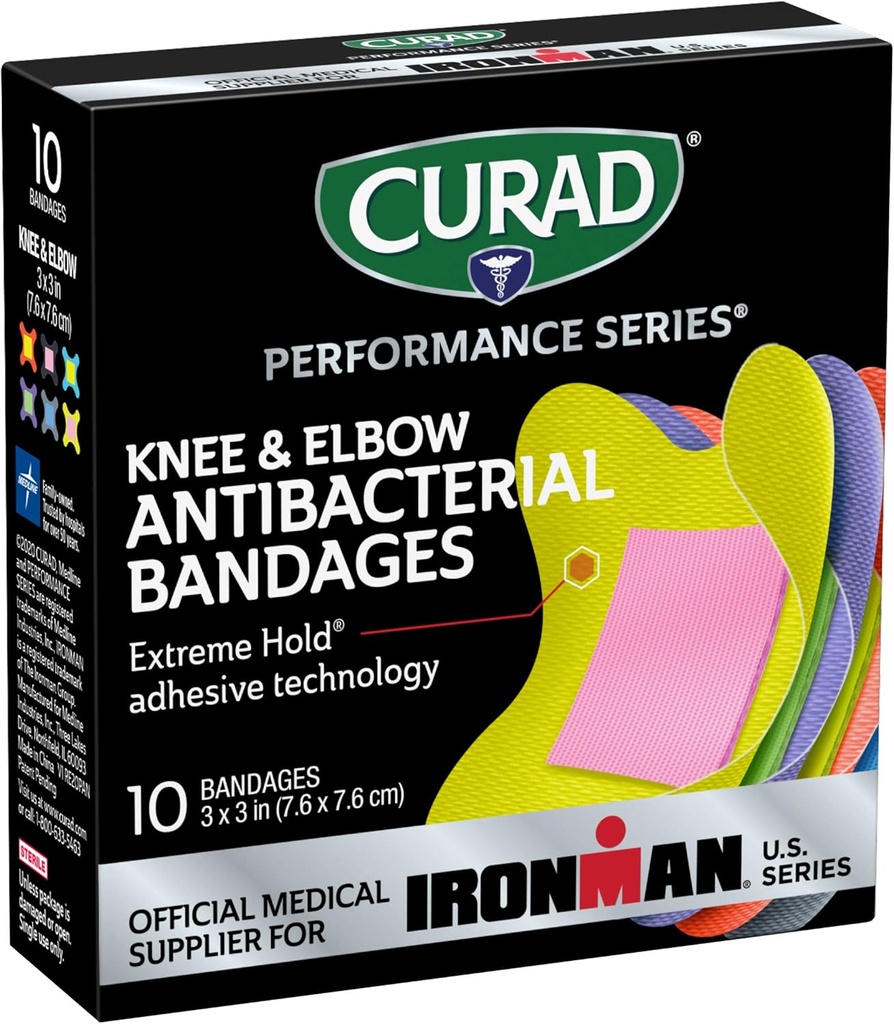 CURAD Performans Serisi IRONMAN Antibacterial Bandages, Extreme Hold Prestige Technology, Diz & Elbow 3 inç x 3 inç, 10, Cuts için ideal, Yararlar, Spor ve Aktif Yaşam Tarzı
