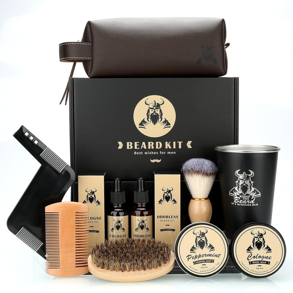 Erkekler için Ayıd Kit Hediyeleri, Baba'nın Günü Doğum Günü Hediyeleri O, Grooming & Trimming Tool Complete Set, Beard Care Kit with 2 Beard growth Oil/Balm/Brush/Comb/Shaving Soap/Cup&Storage Bag