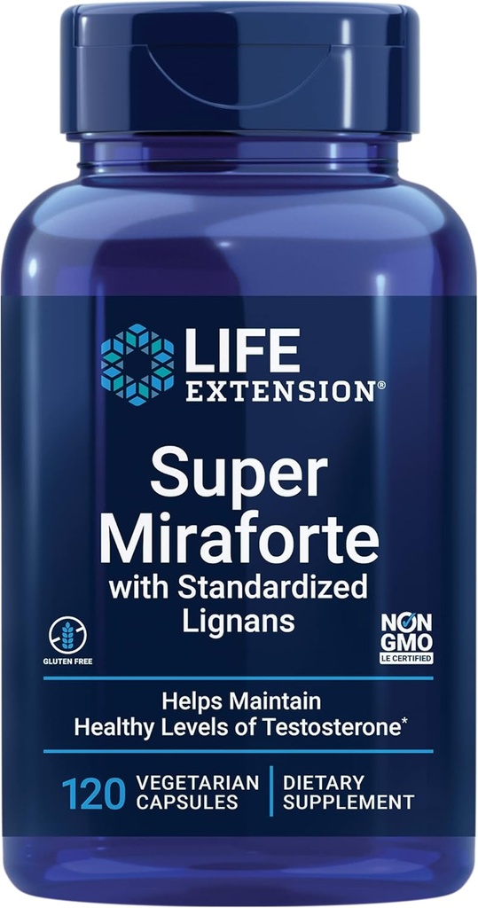 Life Extension Super Miraforte with Standardized Lignans, chrysin, Nettle Root, Muira puama, maca, çinko, Focused Formula for testosteron Faydaları, Vegetarian, Gluten-Free, Non-GMO, 120 Capsules