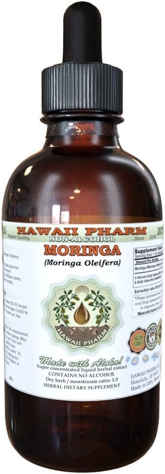 Hawaii Pharm Moringa Alkol Özgür Sıvı Ekstraksiyon, Moringa (Moringa Oleifera) Leaf Glycerite Natural Herbal Supplement, USA 4 oz