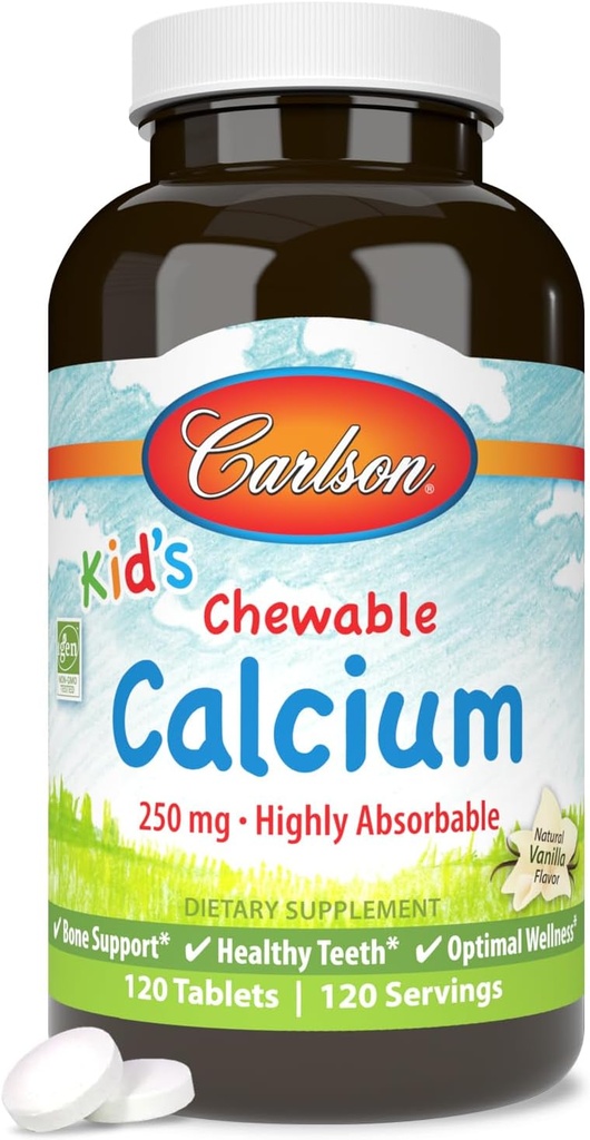 Carlson - Kid's Chewable Calcium, 250 mg, Υψηλή Απορροφώμενη, Οστών & Δόντια Υποστήριξη, Βέλτιστη Ευεξία, Φυσικό άρωμα βανίλιας, 120 δισκία