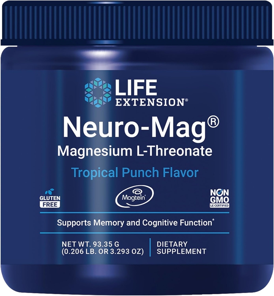 Life Extension Neuro-Mag Magnesium L-Threonate Powder (Tropical Punch) - Ultra-Absorbable Magnesium - Supports Memory, Focus, Cognitive Function & Mood - Gluten free, Non-GMO, Vegetarian (30 Servings)