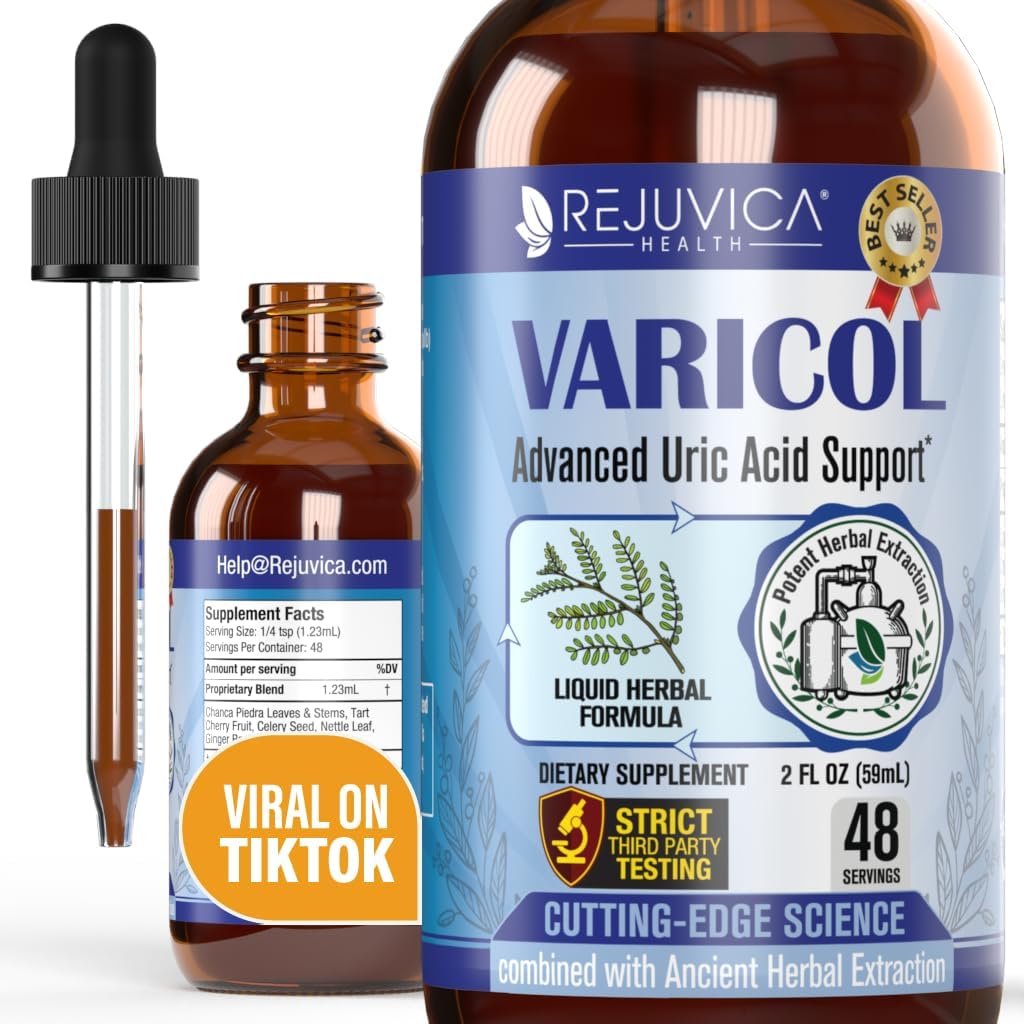 Varicol - Uric Acid Support Liquid Drops - Easy Joint & Kidney Support with Tart Cherry, Chanca Piedra, Celery Seed + Ginger Extract Complex - Vegan, Sugar-Free Supplement - 2 fl ozz