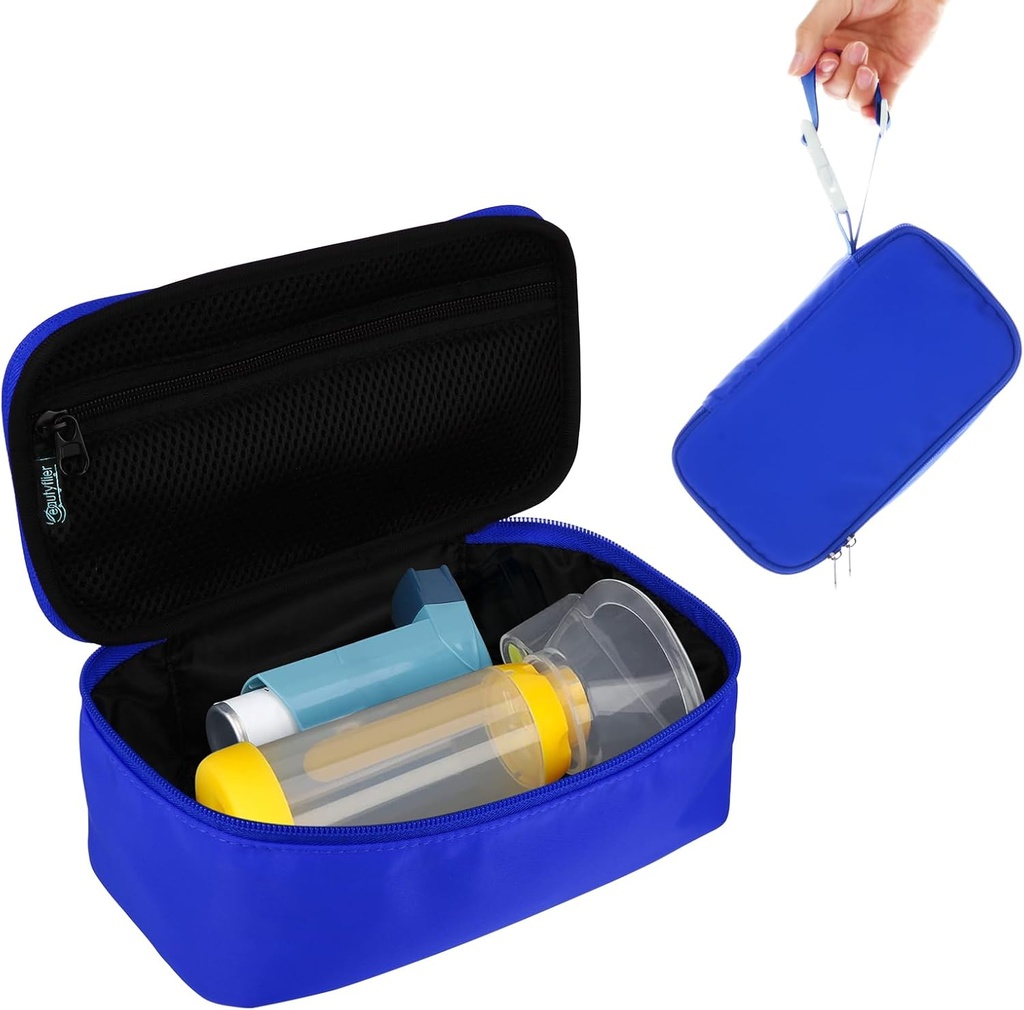 Beautyflier Travel Carrying Case for Portable Nebulizer, Inhaler Spacer for Kids and Adults, Inhaler Holder Asthma Carrying Bag with Mesh Pocket for Medicine and Other Essentials, Blue (Case Only)