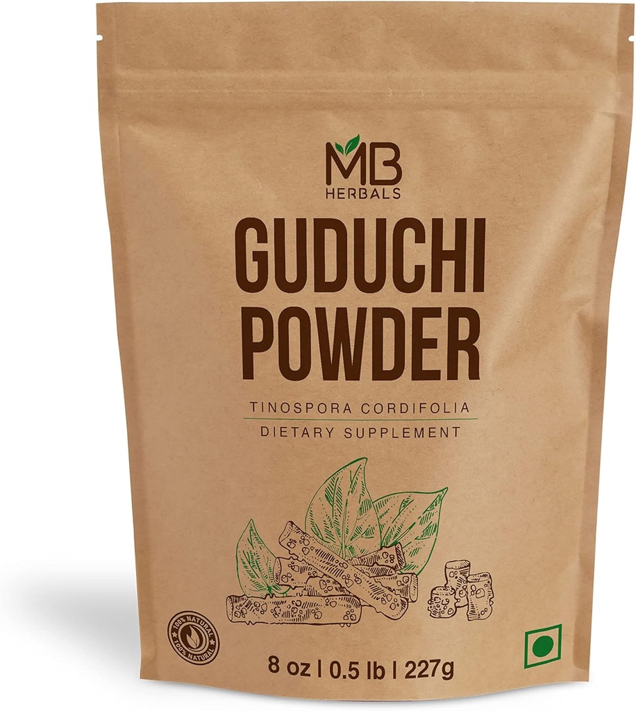 MB Herbals Guduchi Toz 8 oz / 0,5 LB (227 Gram) | Wildcrafted Guduchi Toz | Neem-Giloy | Tinospora kordonifolia Bitkilerin Stems'tan Süreç Edildi