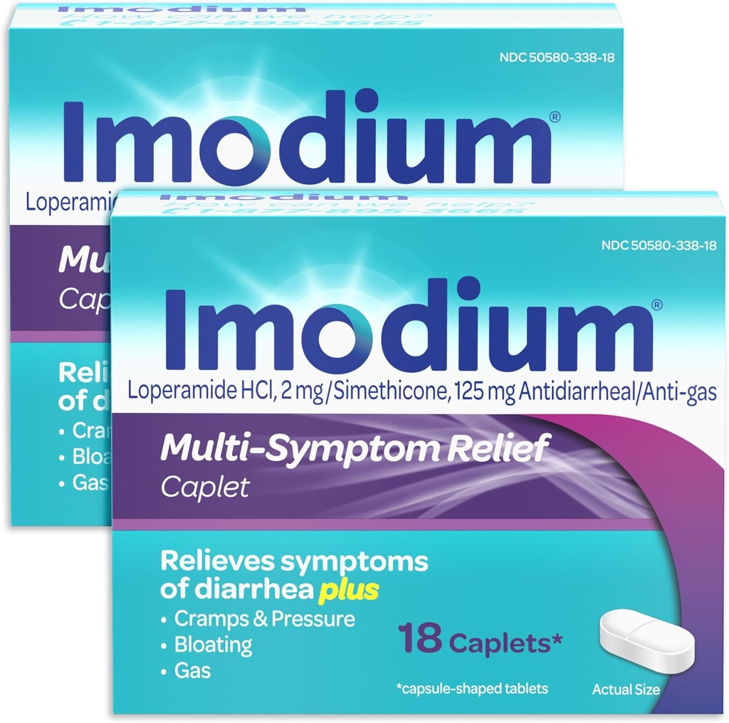 Imodium Multi-Symptom Relief Caplets with Loperamid Hydrochloride and Simethicone, Anti-Diarrheal Medicine for Treatment of Diarrhea, Gas, Bloating, Cramps & baskı, 2 Packating,