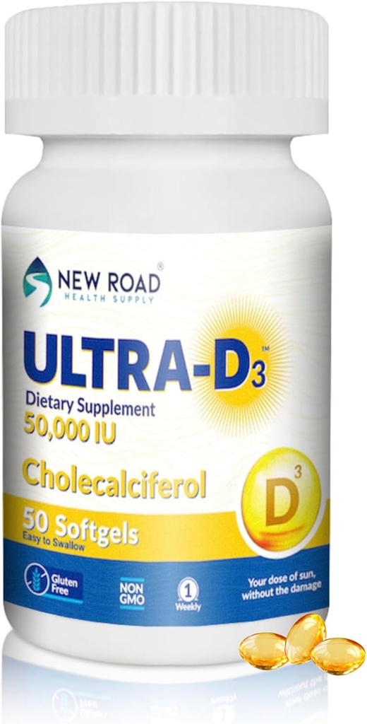 New Road Health Supply, Υψηλής ισχύος Βιταμίνη D3 50.000 IU, Μια φορά-Εβδομαδιαία Softgel, υποστηρίζει οστά, δόντια & ανοσοποιητική υγεία, εύκολο στο-Swallow, χωρίς γλουτένη, 50 Count
