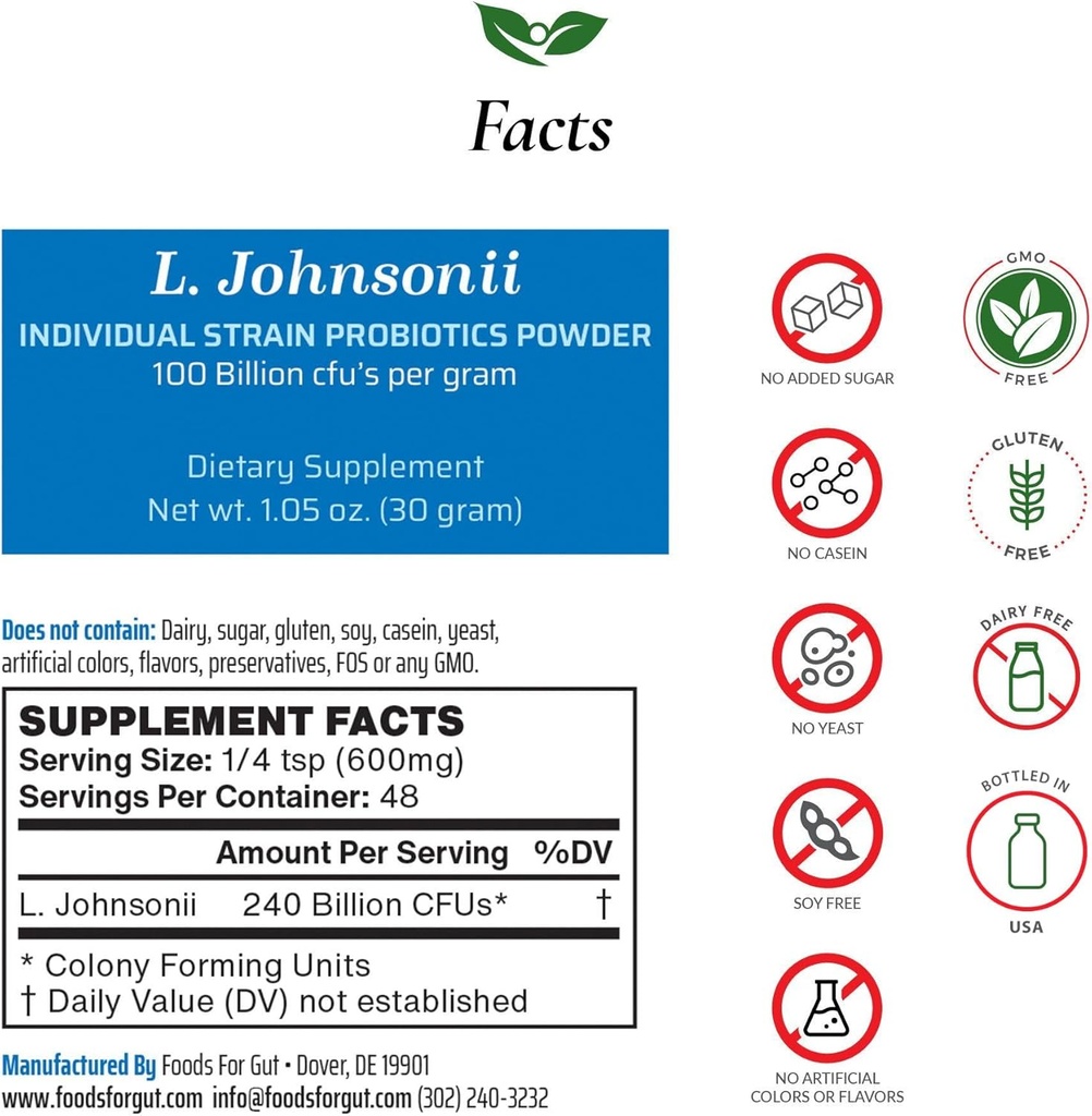 Gut Lactobacillus Johnsonii Probiyotik Toz 100 Milyar cfu'nun | No Katkılar | Üreticiden Doğrudan | Üçüncü Partili Depolama | Immune Support | L. Johnsonii | 30 Grams (1.05 Oz)