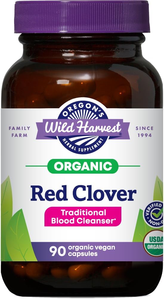 Oregon'un Wild Harvest Red Clover Capsules, Non-GMO Organik Herbal Supplements, 90 Kont,Organic Red Clover Blossoms ve Leaf (Trifolium pratense), Non-GMO Vegan Capsules ve NO Else
