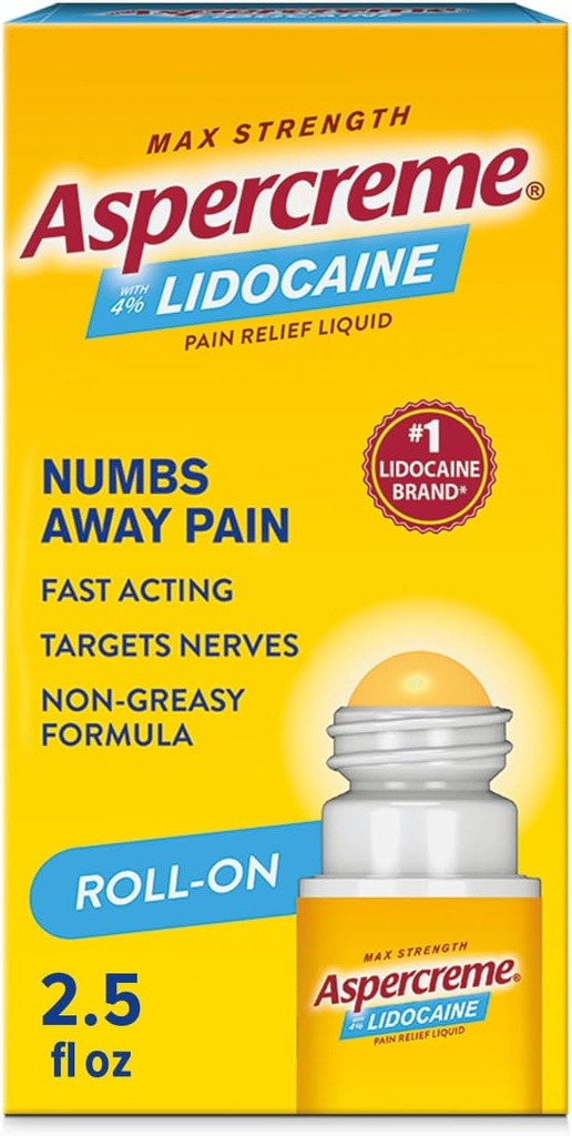 Aspercrome Odor Free Max Strength Lidocaine Pain Relief Liquid με Roll-On No Mess Applicator, 2,5 oz.