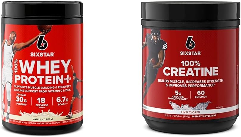Six Star Whey Protein Plus & Creatine Monohydrate Powder Bundle 