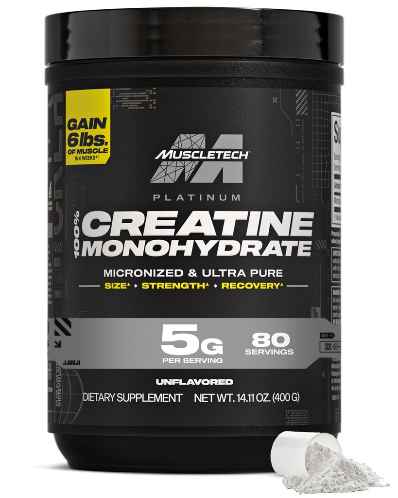 MuscleTech Kretine Monohidrat Toz, Platinum Pure - Unflavored Micronized Krene for Men & Women - Workout Supplements for Performance, Muscle Recovery & Builder-(80 Hizmet) Ambalaj Vary Olabilir