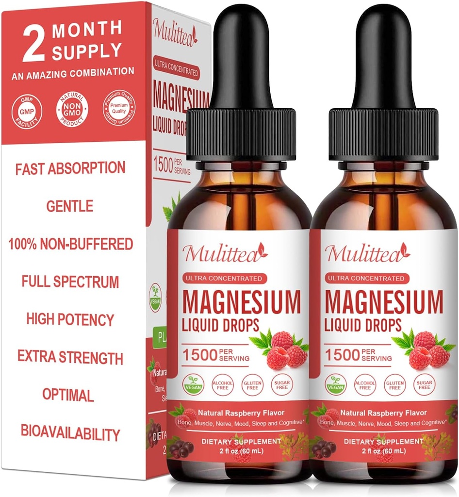 (2 Pack) Magnezyum Glycinate Liquid Drops w / 1500 mg Glycinate, Taurate, Malate, Citrate, Steel Plus Pyum for Nerve, Bone, Heart Health & Energy Zzz -High Abpole-Raspberry Flavor
