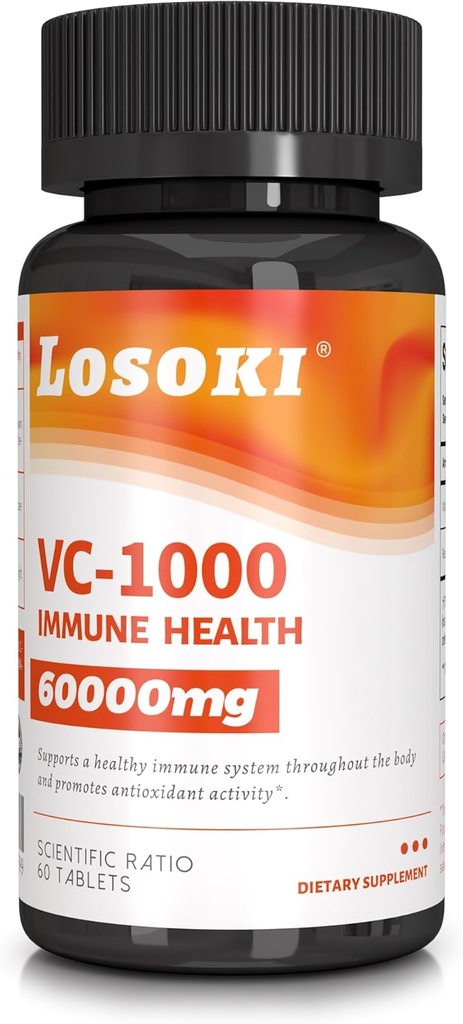 Losoki VC 1000 - Immune Support & Antioksi Koruma için Yüksek Doz Vitamin C Supplements - Buffered Formula with Rose HIPS Toz - 60 Tablet