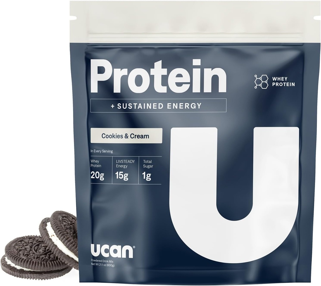 UCAN Energy + Whey Protein Powder - 19g Per Serving with Amino Acids EAAs & BCCAs - Keto, No Added Sugar, Gluten-Free - Cookies & Cream - 12 Servings
