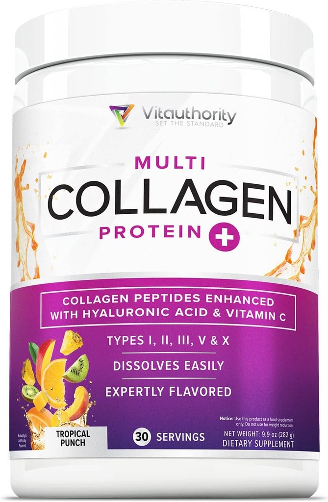 Kadınlar için Multi Collagen Peptides Toz - Hydrolyzed Flavored Collagen Toz for Women with Tip I II III V & X Vitamin C & Hyaluronic Acid for Hair Skin and Nails (Tropical Punch) - 30 Servisler
