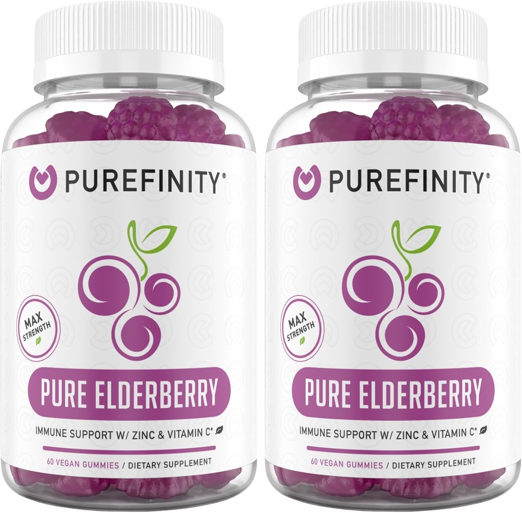 PUREFINITY Elderberry Gummies with Sambucus, Vitamin C, and Zinc – Your Perfect Daily 3-in-1 Supplement for Kids & Adults – Gluten Free, Non-GMO, Vegan, 60 Count (Pack of 2)