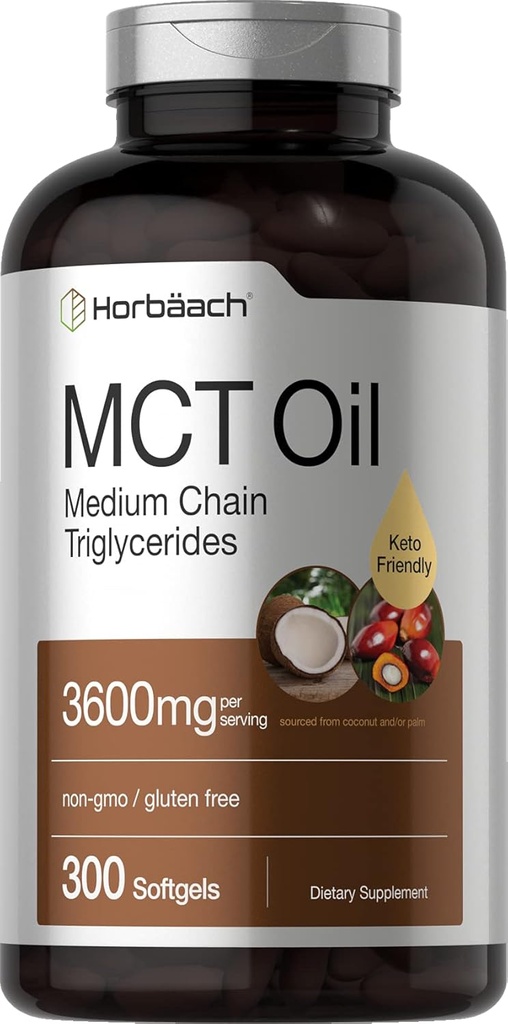 Horbäach MCT Oil Pills | 3600mg | 300 Softgel Capsules | Keto Supplement from Coconut | with Caprylic & Capric Acid | Non-GMO, and Gluten Free
