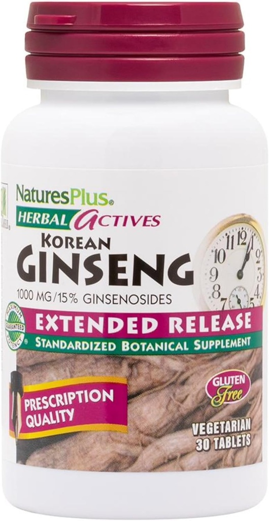 Natures Plus Herbal Actives Korean Ginseng, Genişletilmiş Yayın - 1000 mg, 30 Vegan Tablet - Adaptojenik Herbal Supplement, Antioksi - Vegetarian, Gluten-Free - 30 Hizmet