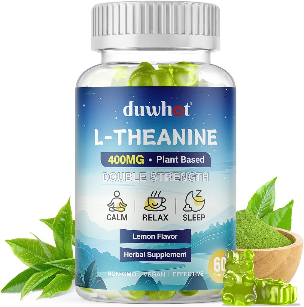 L-Theanine Gummies 400 mg, Chewable Theanine Supplement for Yetişkinler & Kids 4+, Natural Stress Relief, zzZ & Focus Supplement, Vegan, Low Sugar, Non-Drowsy, Lemon Flavor, 60 Chewables